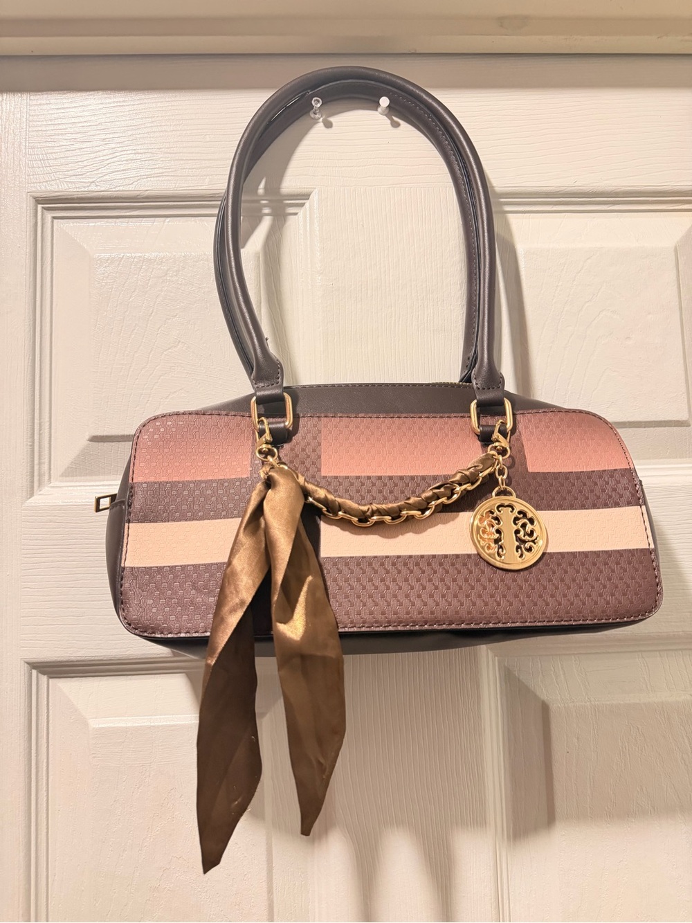 Striped Shoulder Bag with Gold Chain & Scarf Accent - Brown & Pink